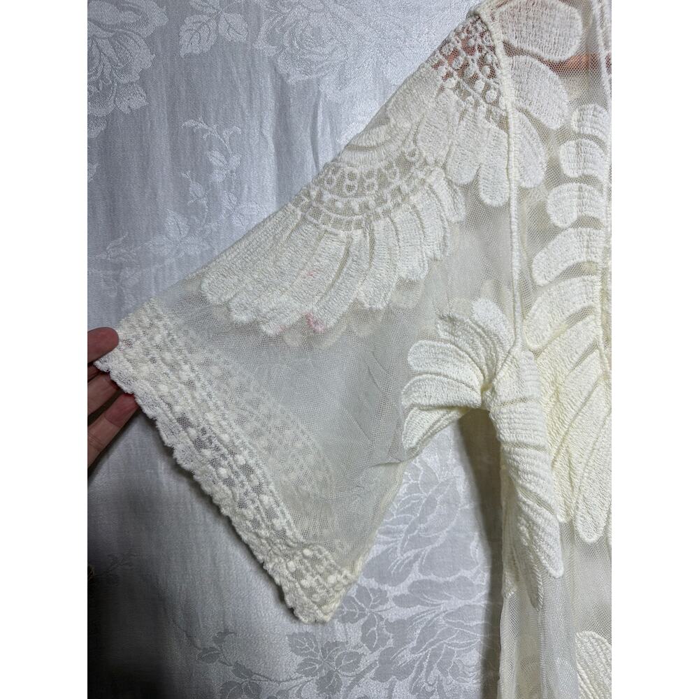 Rebellion Lace Cardigan Medium Cream Long Line Duster Open Short Sleeve Boho - Picture 3 of 7